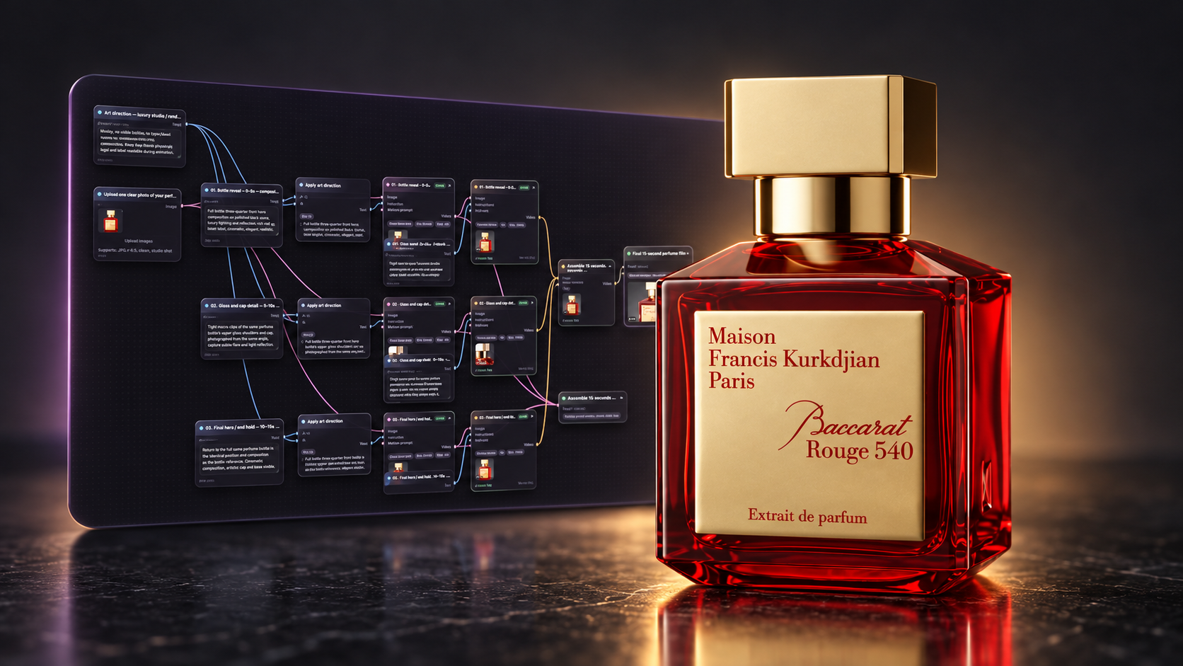Red and gold perfume bottle in front of the Visuall workflow canvas