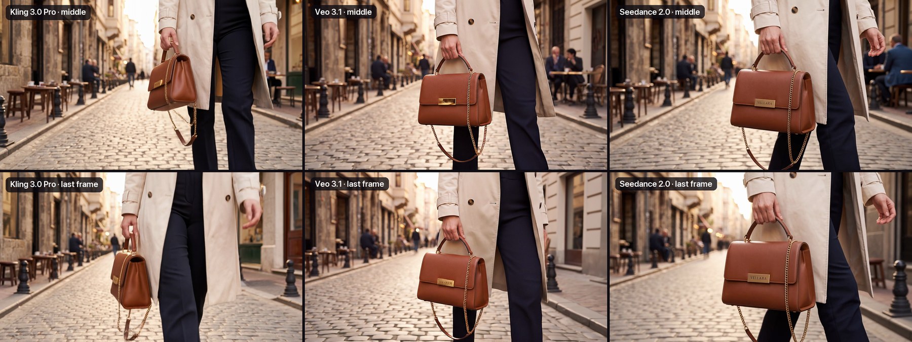 Shot 2, Karaköy: left to right Kling, Veo, Seedance; top the middle of the clip, bottom its last frame