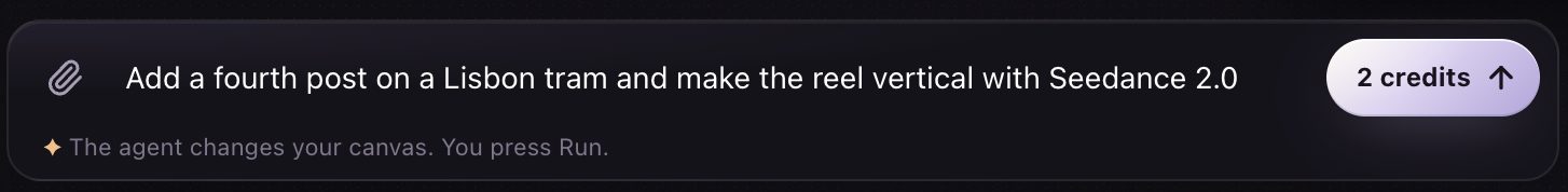 The agent bar under a canvas, asking for one more post and a different video model.