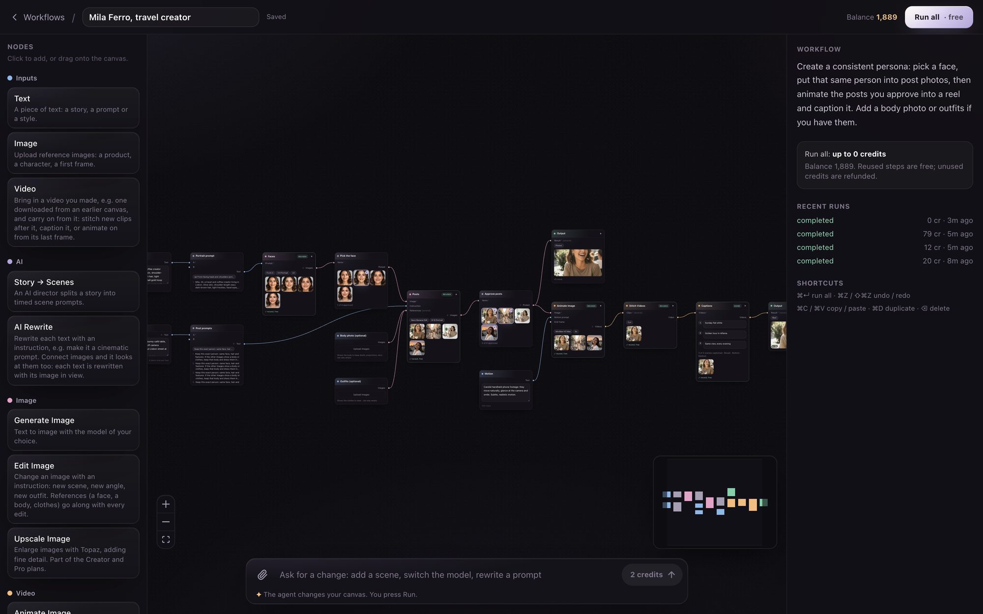 The Visuall canvas editor: the box library on the left, the wired boxes in the middle, the canvas details on the right and the agent bar at the bottom.