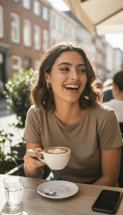 The same AI influencer in a café post photo