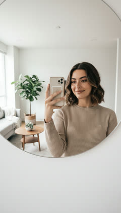 The same AI influencer taking a mirror selfie at home