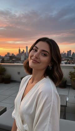 The same AI influencer on a rooftop at sunset