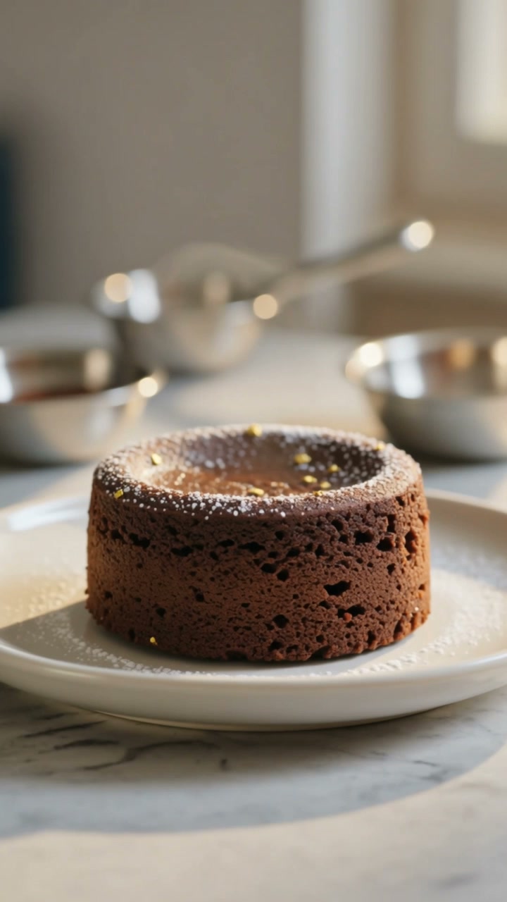 Chocolate sauce poured into a lava cake