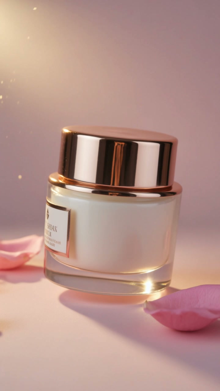 AI product photo: a skincare jar with a rose-gold lid among pink petals
