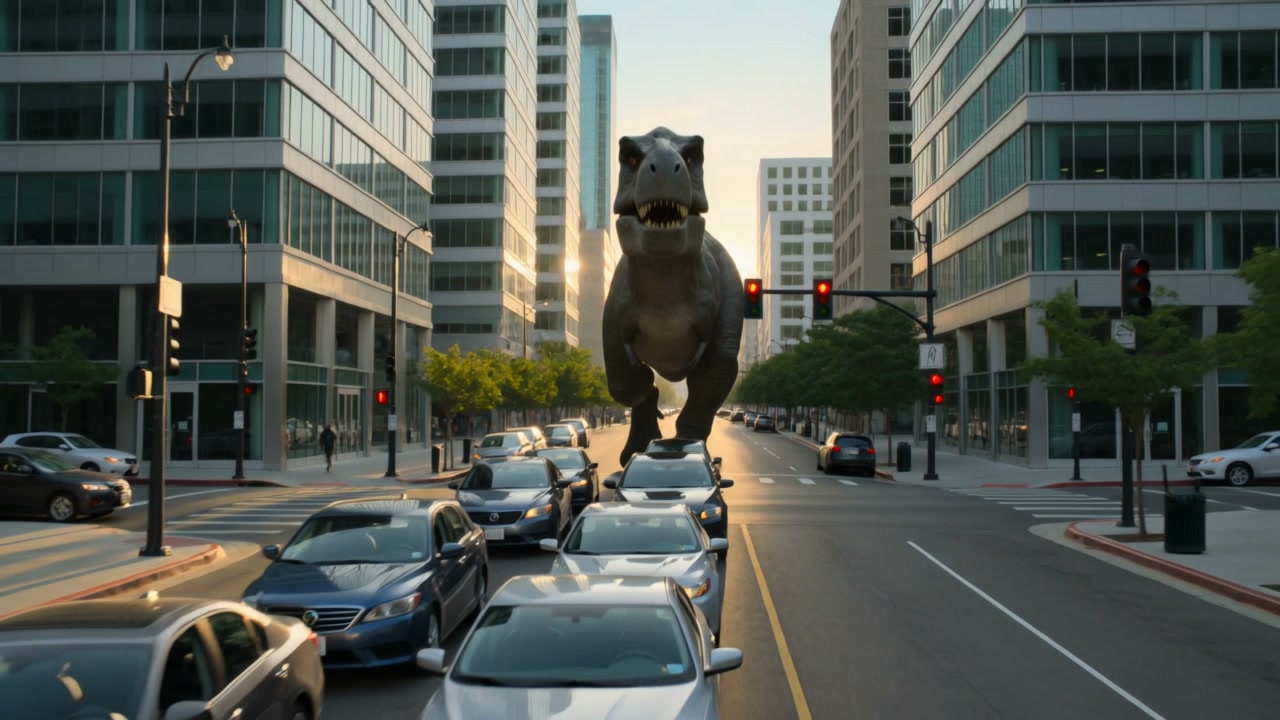 AI image: a T. rex walking down a city avenue between cars