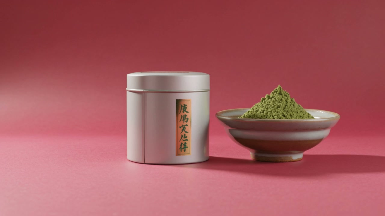AI product photo: a matcha tin and a bowl of green powder on a pink backdrop
