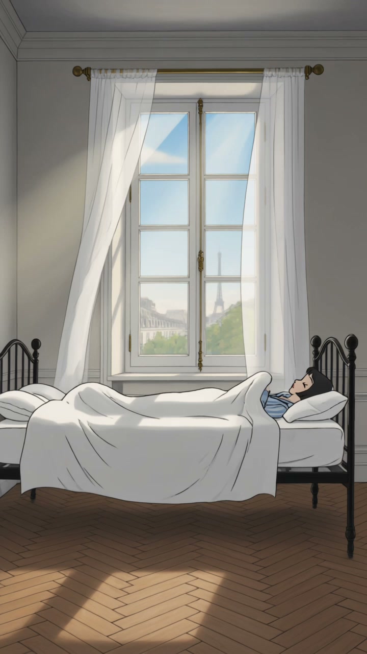 AI illustration: a cartoon girl asleep in a sunlit Paris bedroom