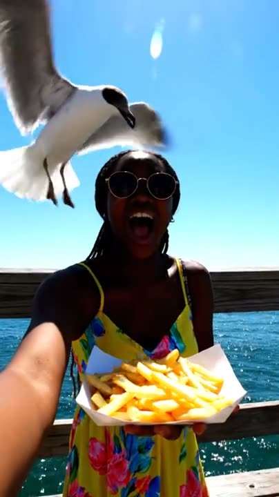 Seagull steals a fry on the pier