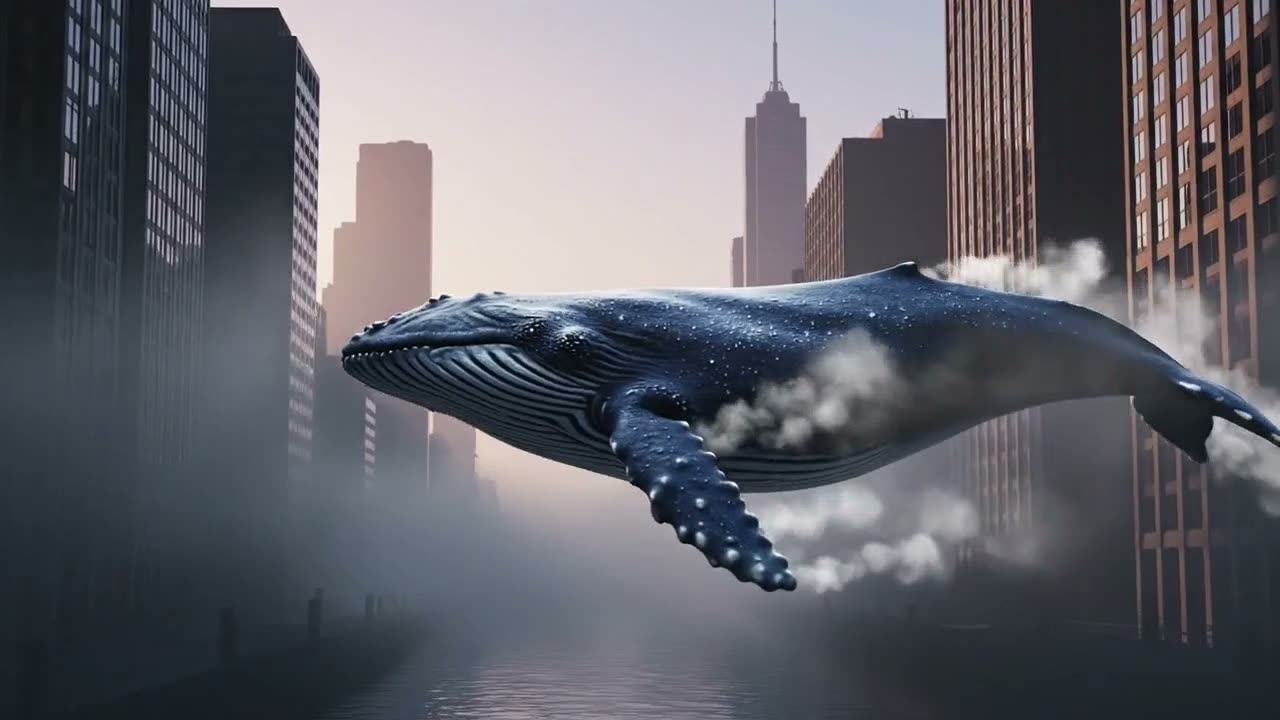 A giant whale glides through a foggy city