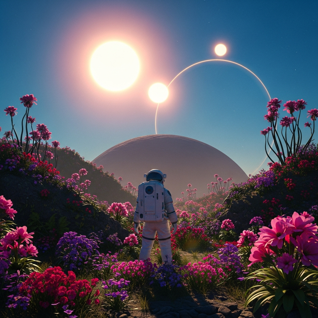 AI-generated key moment — astronaut discovers a vibrant alien garden on a distant moon