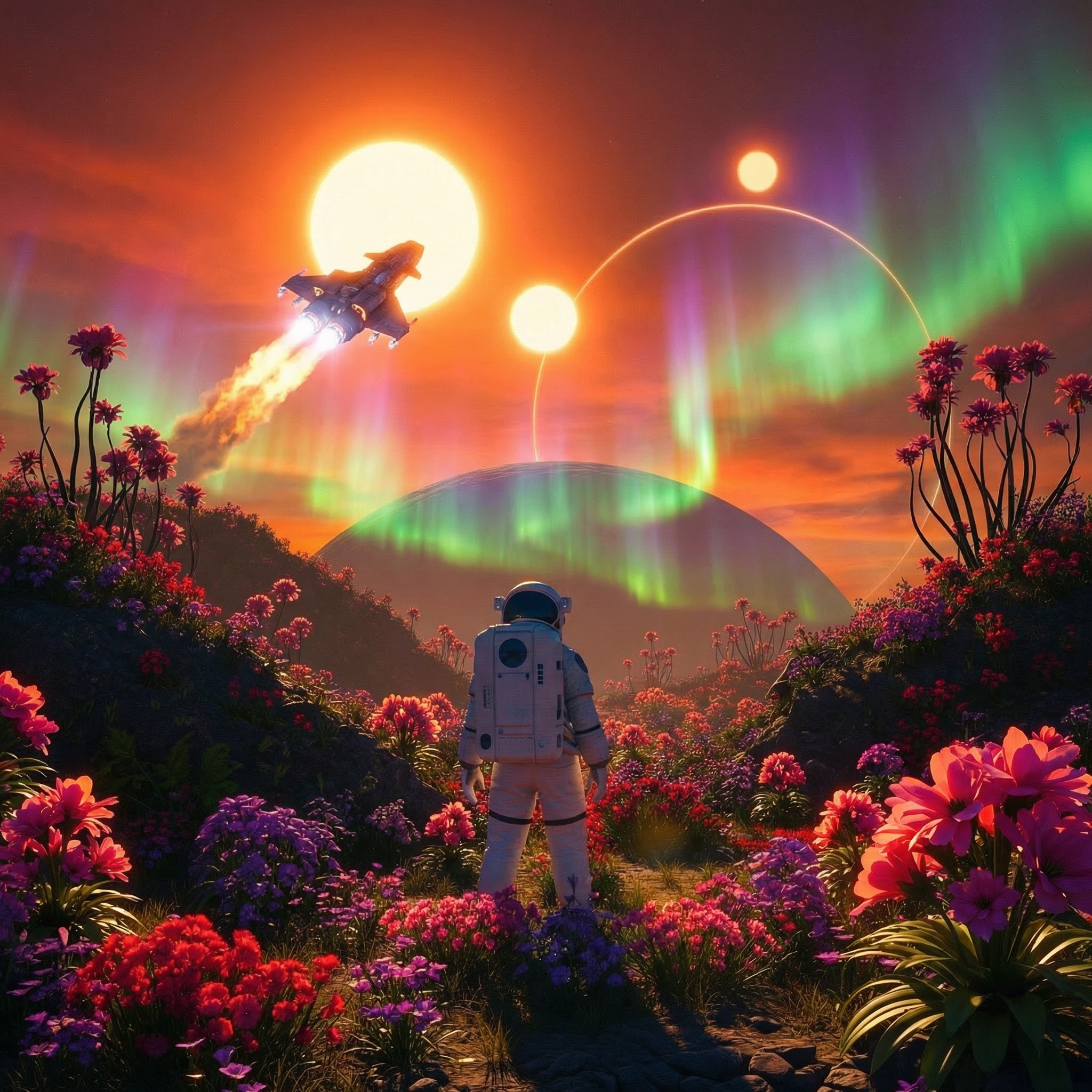 AI-edited shot — astronaut in alien garden with dramatic orange sunset and aurora borealis