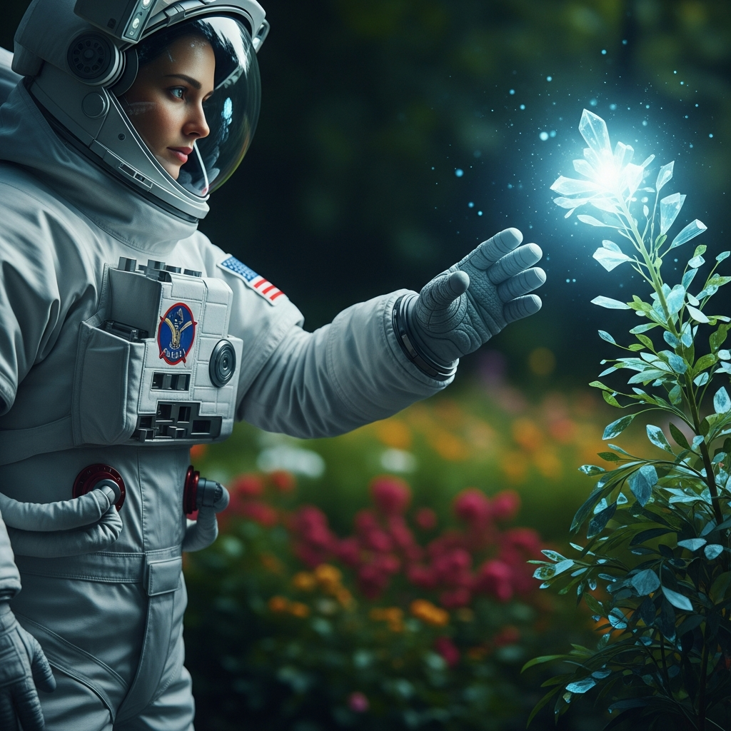 AI-generated supporting shot — astronaut reaches out to touch a glowing crystal plant