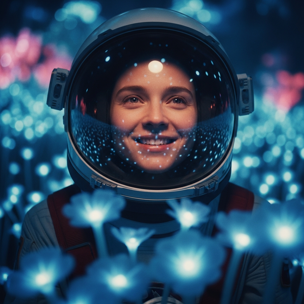 AI-generated closing shot — smiling astronaut in a space helmet surrounded by glowing flowers