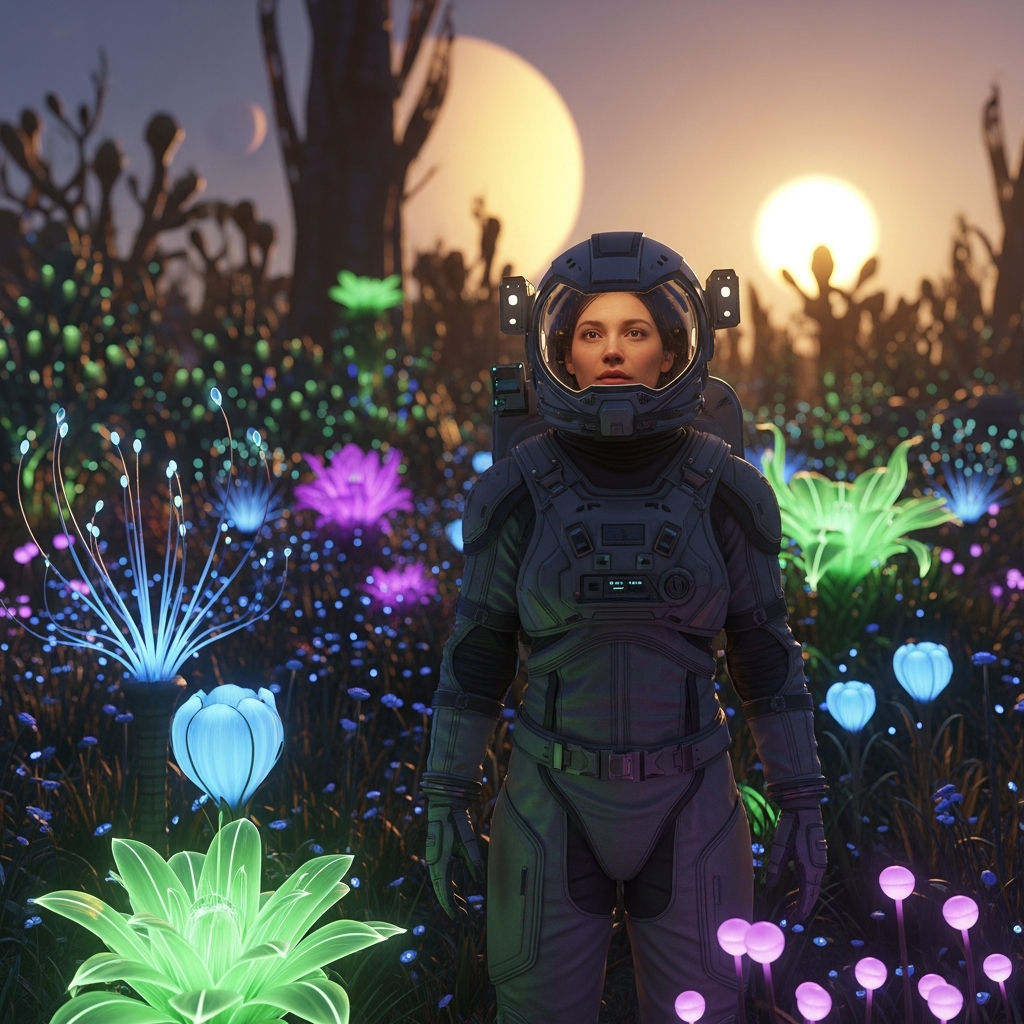 Visuall AI generated Supporting — Crystal formations refract alien light across the garden floor