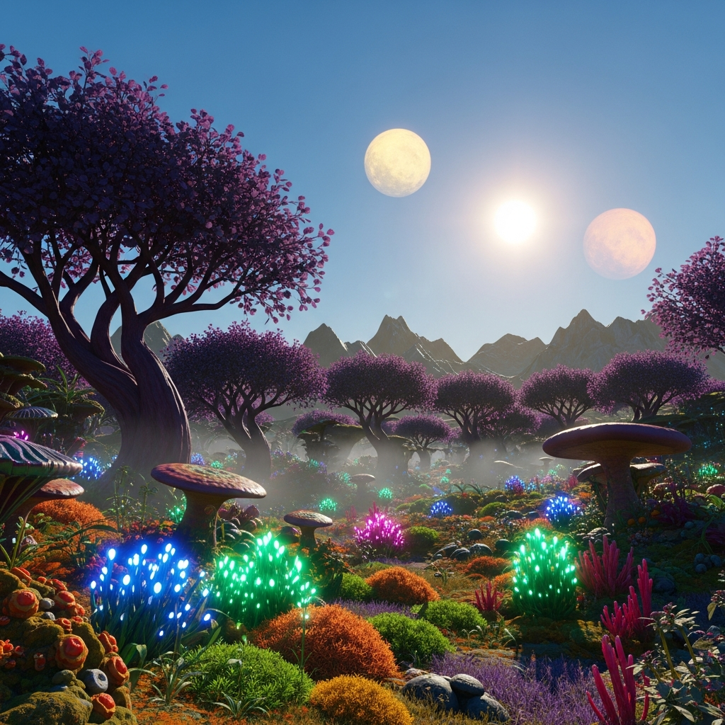 Visuall AI generated Supporting — Bioluminescent flowers pulse gently in an otherworldly meadow