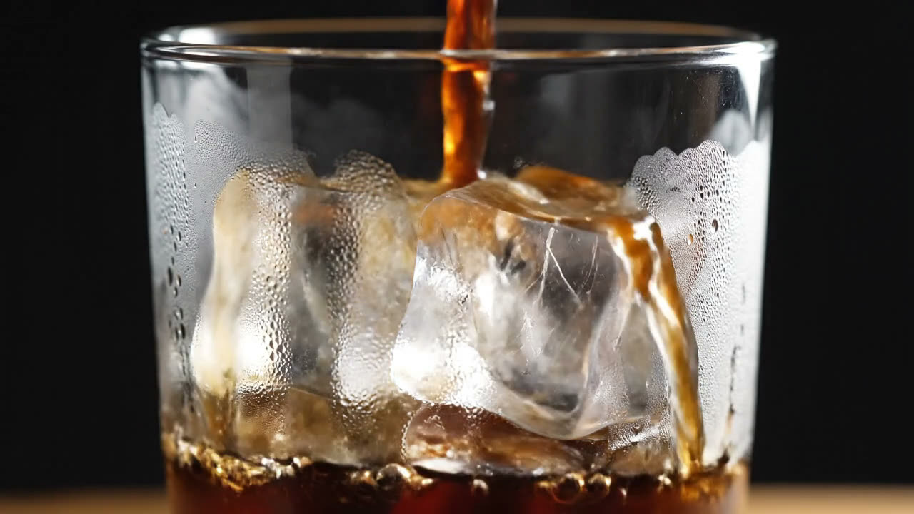 The full 720p frame: cold brew poured over ice in close-up