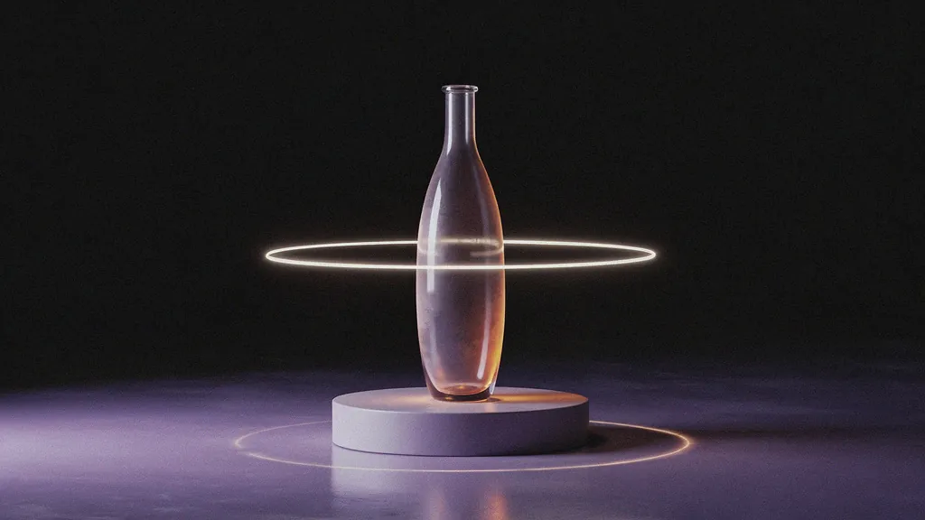 AI product shot: a glass bottle on a lit pedestal
